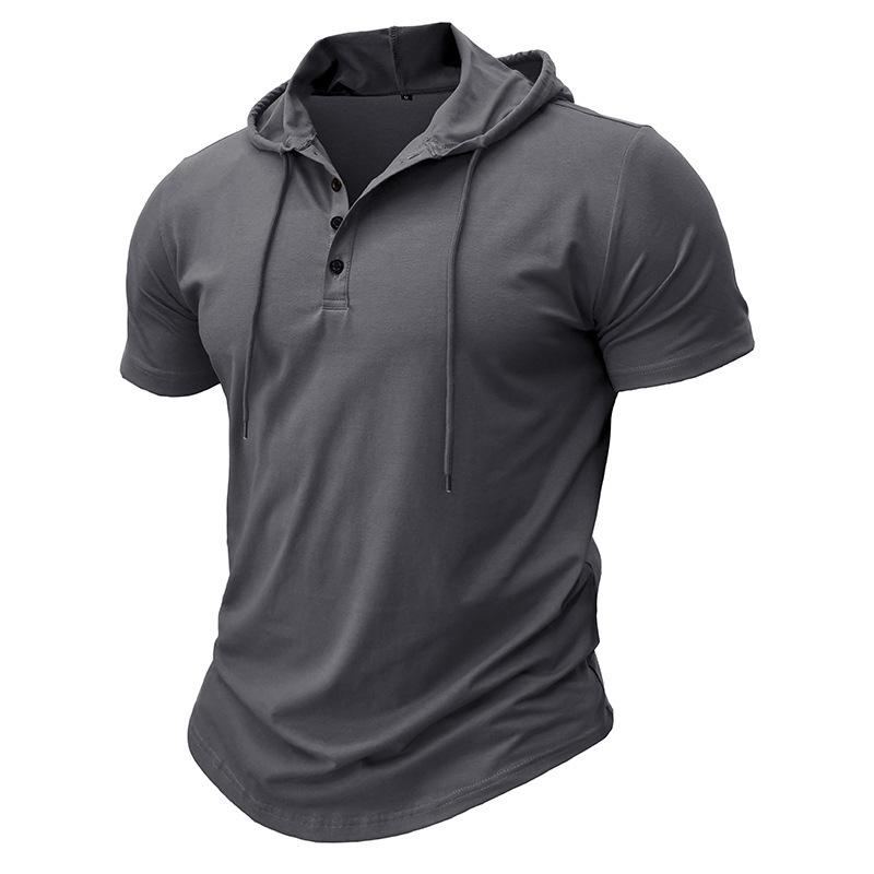 Men Green Short Sleeve Hooded Henley Neck Drawstring Casual Summer T Shirt