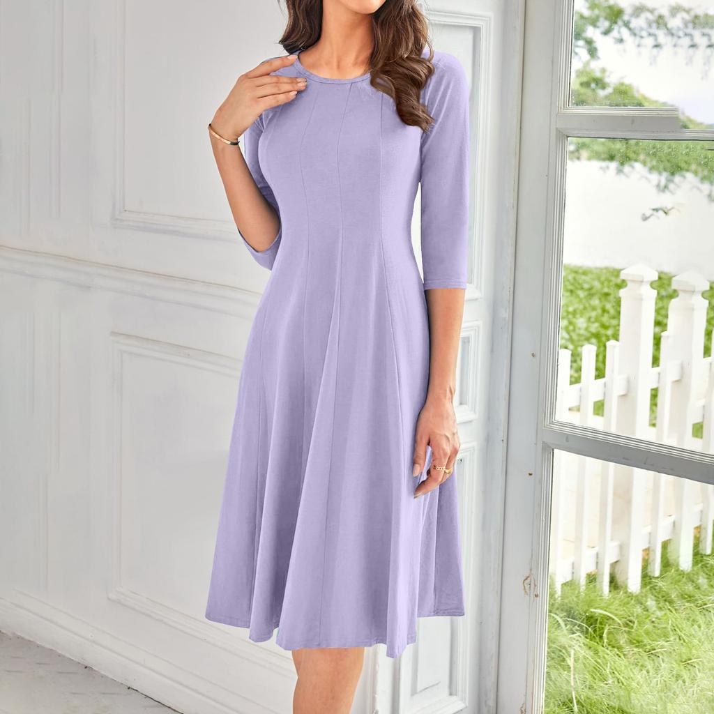 Women's Casual Fashion Round Neck Three Quarter Sleeve Solid Color Midi Dress