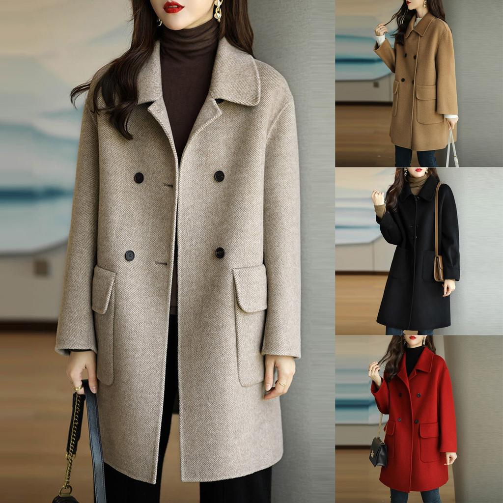 Women's Solid Color Long Sleeve Double Breasted Mid Length Pocket Woolen Coat