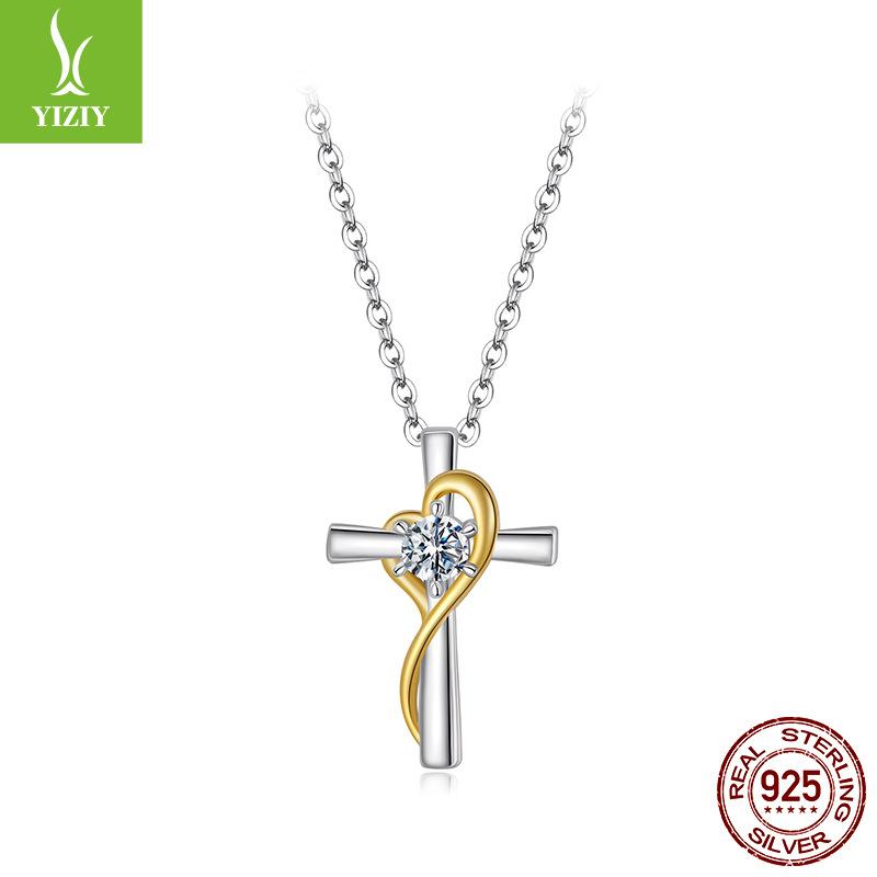 Mozambican Diamond Love Cross Necklace Clavicle Chain, Simple Classic S925 Sterling Silver Necklace
