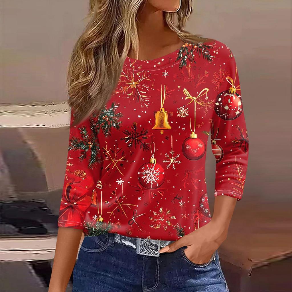 Женская футболка с рождественским принтом, рукав 3/4, повседневная, модная, на выходные, базовая, с круглым вырезом, стандартный топ