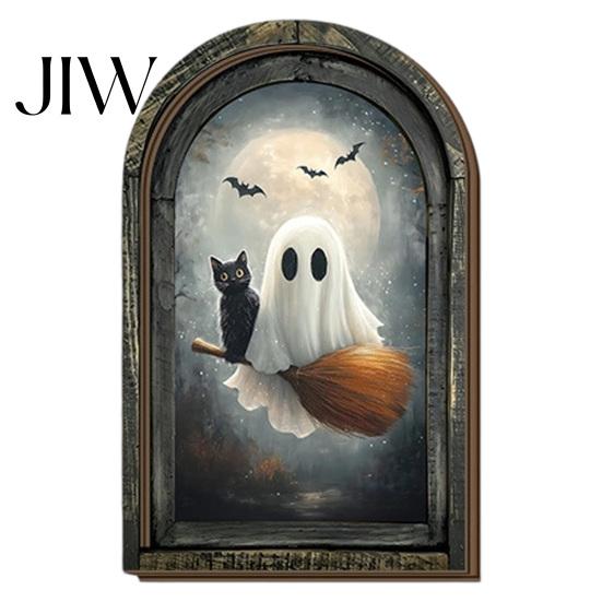 Spooky Halloween Wall Hanging Vintage Arch Wooden Sign, Gothic Ghost Decor Retro Arched Sign with Bracket, Rustic Dark Aesthetic Home Ornament