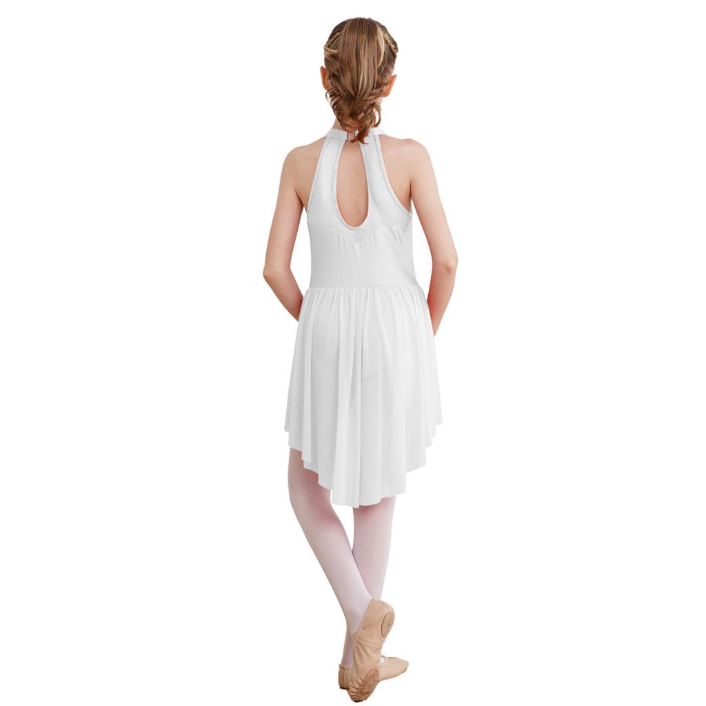 Детское блестящее сетчатое лоскутное трико с блестками для девочек, платье с вырезом на спине, платья без рукавов для фигурного катания, лирическая танцевальная одежда