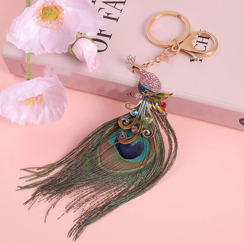 Shiny Rhinestone Peacock Feather Keychain Anti-rust Clasp Fashion Bag Pendant Portable Car Key Decor for Girls