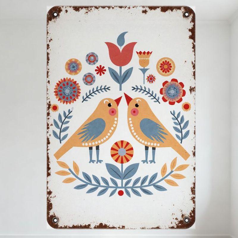 Винтажная деревенская металлическая жестяная табличка Дизайн с народным искусством Птицы Цветы Белый фон с ржавыми краями для декора стены дома, бара, кафе