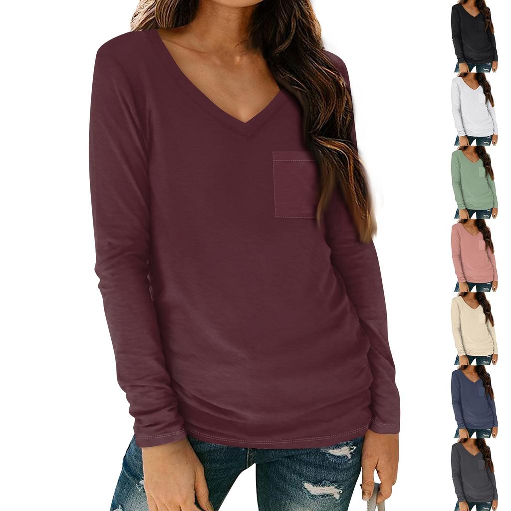 Women's Shirt V-Neck Casual Top With Pocket Fashion Solid Color Long Sleeve