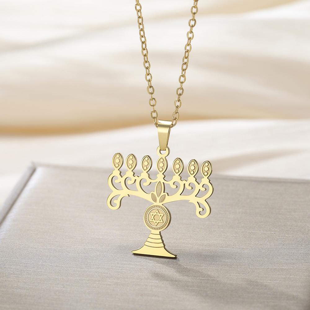 Chanukah Menorah Necklace Religious Jerusalem Temple Hanukkah Shammash Pendant Stainless Steel Judaica Jewelry