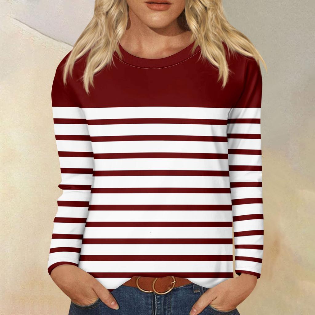Рубашки с длинным рукавом для женщин, футболки в полоску с графическим принтом, блузки, повседневные базовые топы больших размеров, пуловеры