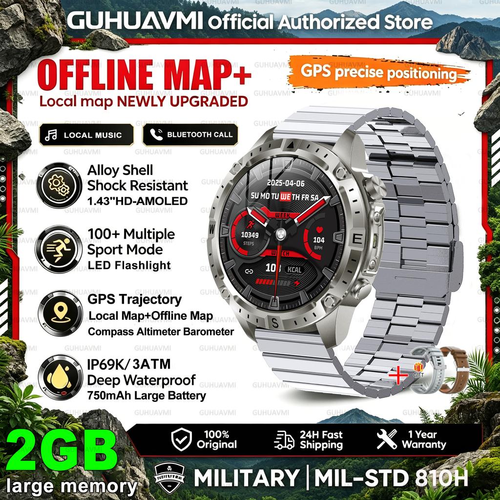 Новые Военные GPS Офлайн Карта Умные Часы Мужские 3ATM Водонепроницаемые 1,43" AMOLED Экран Часы 730 мАч Звонок Фонарик Смарт-часы IOS
