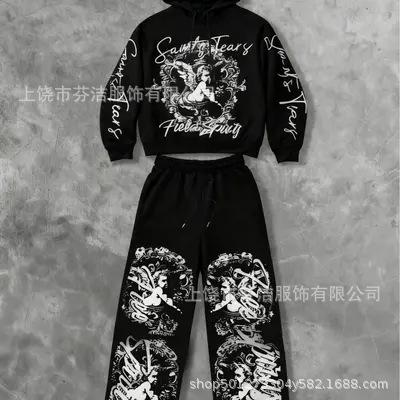 European and American high street gothic print red hooded suit men's hip hop loose sports and leisure two-piece set