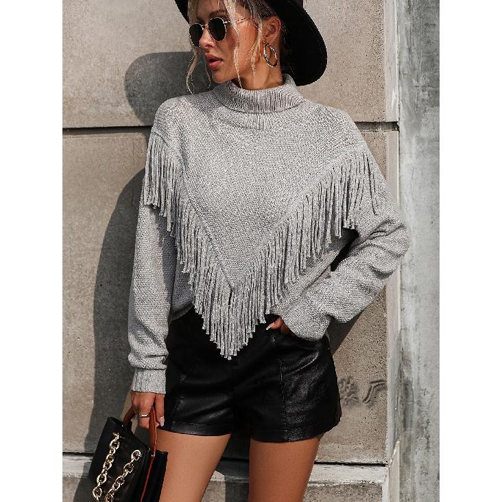 2024 Осень и зима Новый европейский и американский женский свободный однотонный вязаный свитер с кисточками и высоким воротом
