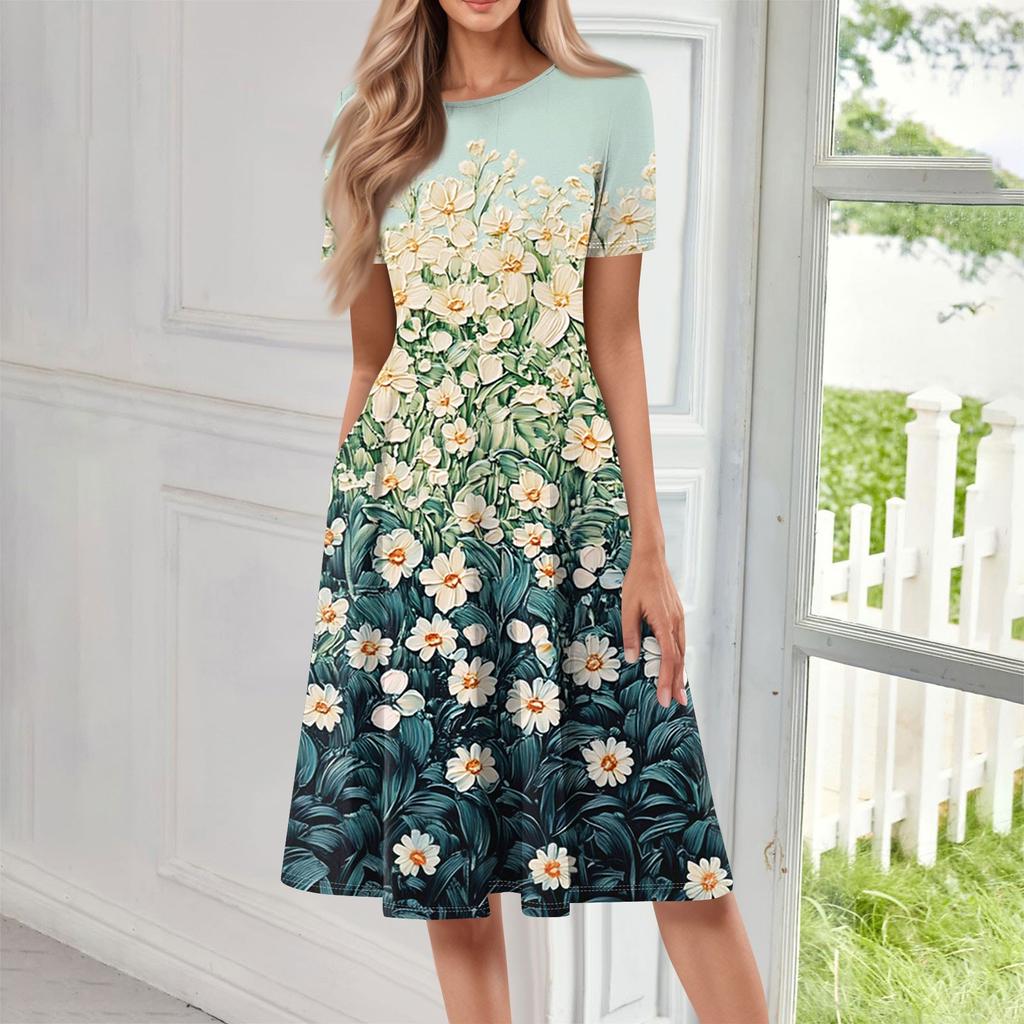 Женское свободное повседневное и модное платье с круглым вырезом и короткими рукавами, средней длины с принтом