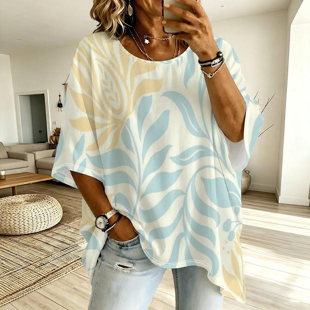Women's large-size short-sleeved T-shirt, irregular hem design, digital printing four-season T-shirt