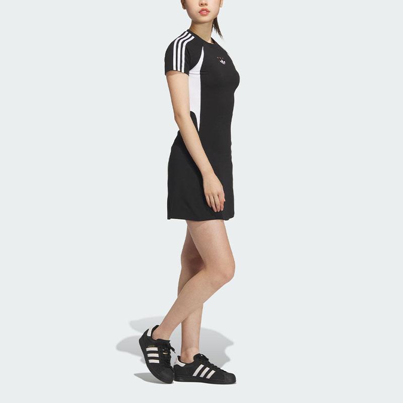 adidas Оригинальное трикотажное платье с коротким рукавом Ss24 в полоску, спортивное облегающее женское платье черного цвета JD1135
