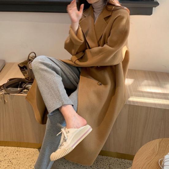 Женское зимнее шерстяное пальто, утолщенное двубортное длинное стильное однотонное пальто с длинными рукавами, свободный Тренч с лацканами и вырезом на воротнике