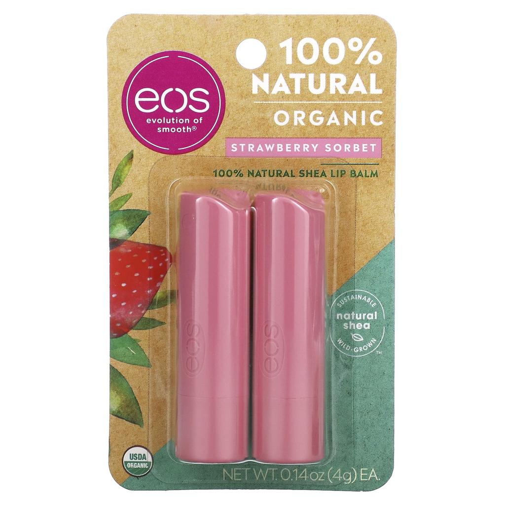 EOS, органический 100% натуральный бальзам для губ с маслом ши, клубничный сорбет, 2 упаковки, 4 г (0,14 унции) за упаковку