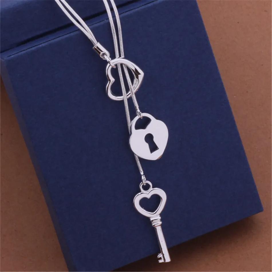 Charms 925 Silver Special Key Love Heart Chain Necklace For Women Wedding Fashion Costume Jewelry Couple Gifts