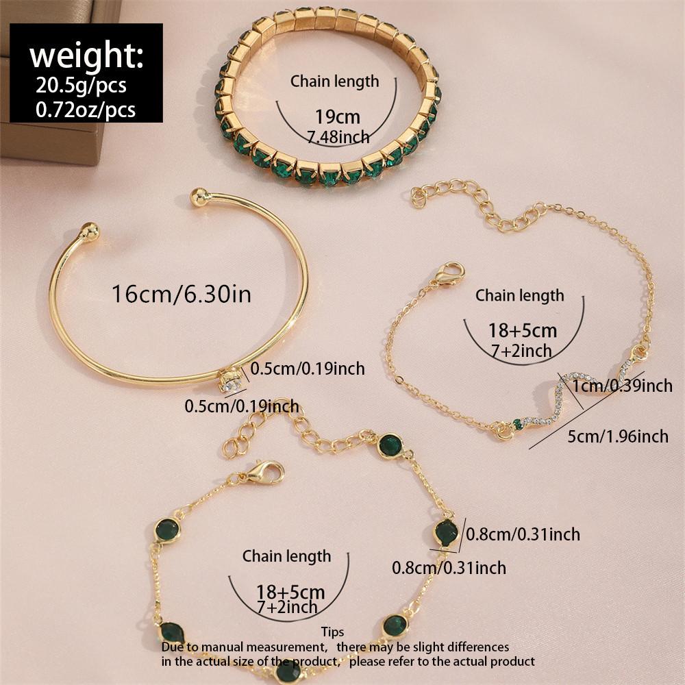 Green Open Bangle For Women Elegant Popular Imitation Gemstone Rhinestone Claw Chain 4pcs/Set Snake Bracelet [4pcs Elegant Green Gemstone Bangle]