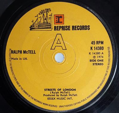 7-дюймовая пластинка RALPH MCTELL Streets Of London K14380 REPRISE 1974 UK CountryFolk Б/у