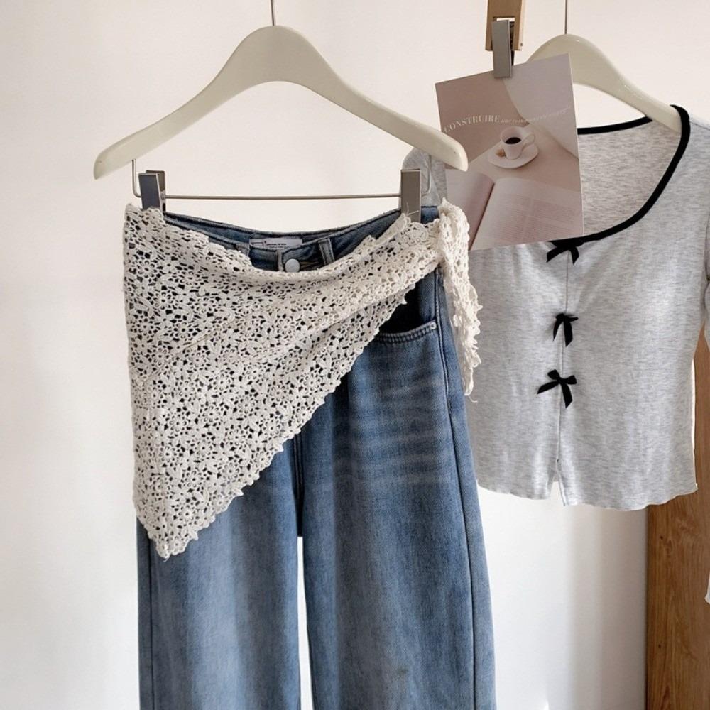 Trendy Lace Trim Fart Curtain Hollowed-out Slim Fit Triangular Headscarf Pretty Y2K Apron Wrap Skirt Summer