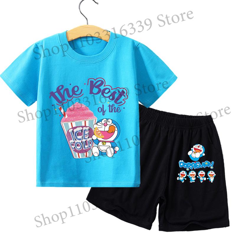 Boy Girl Short Sleeves Shorts 2pcs Set Kid Blue Top Summer Clothes Children T-shirt Set Cute Cartoon Tees