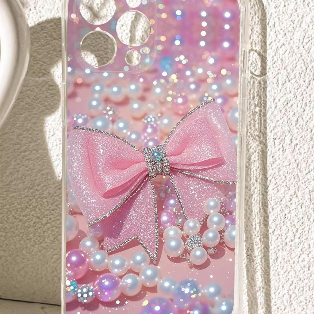 Прозрачный чехол с жемчужным бантом, защита от падения, для серии iPhone 14/15/16/17 Pro Max