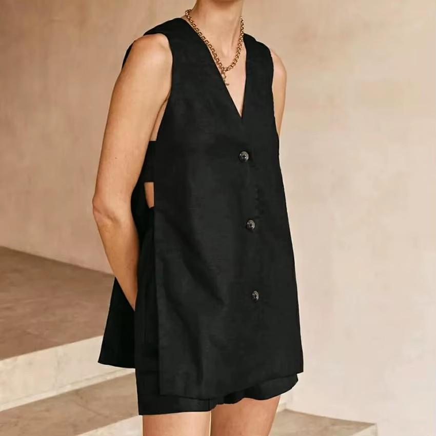 Белый хлопковый комплект для женщин, модный сексуальный топ без рукавов с пуговицами и длинными шортами, эластичный пояс, удобный домашний костюм для женщин