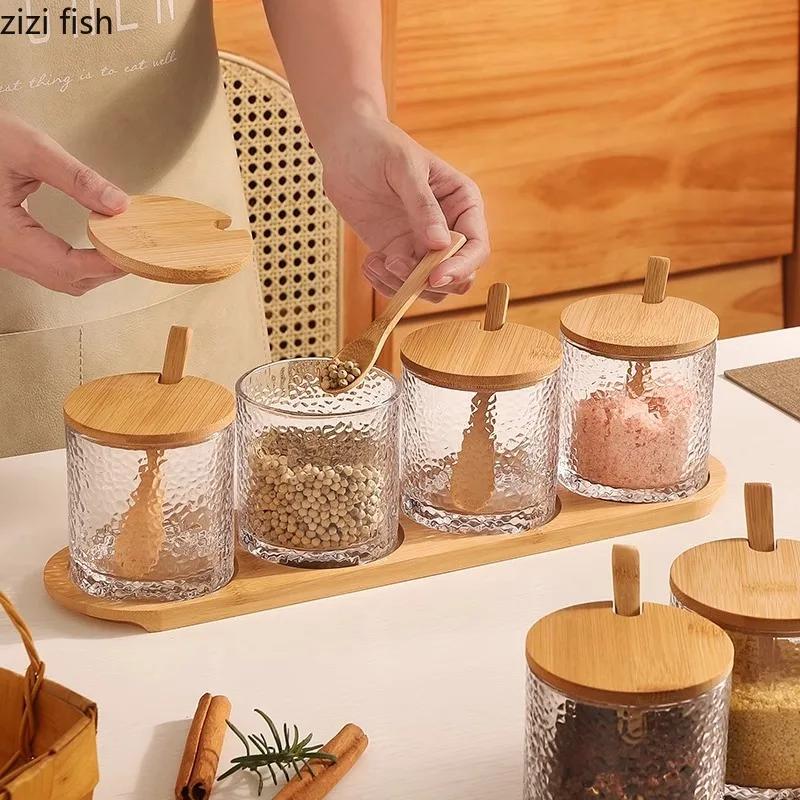 Набор банок для приправ на кухне, стеклянная коробка для приправ с узором из молотка, бамбуковой и деревянной крышкой, солонка, банка для перца, баночки для специй