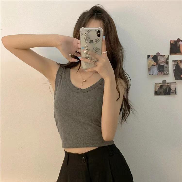 Korean Style Pure Cotton Camisole Vest Fixed Cup with Chest Cushion Sleeveless Short Top for Wearing on The Outside and On The Inside
