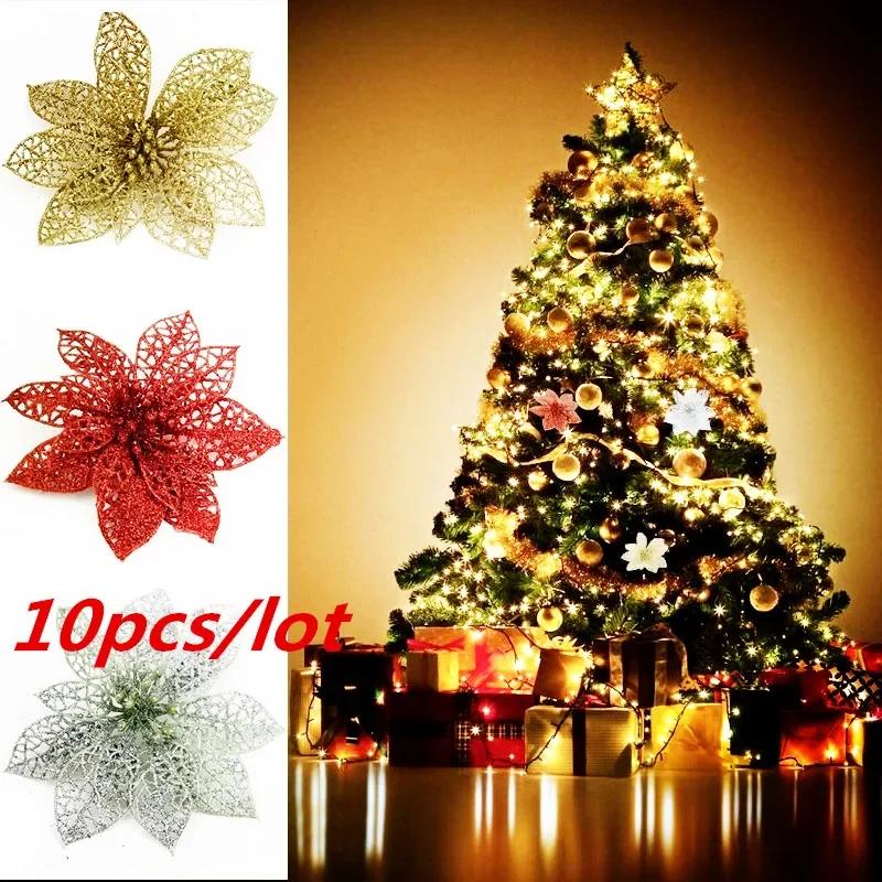10PCS Simulate Christmas Flowers Xmas Tree Red Flowers Hollow Out Flowers Gold Powder for Holiday Ornament Christmas Decorations