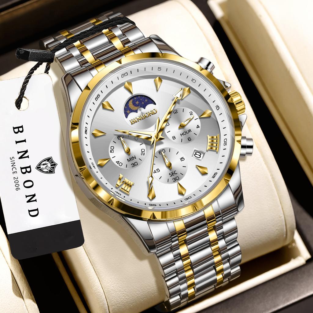BINBOND Orginal Precise Quartz Watches For Men Luxury Luminous Waterproof Chronograph Durable Men's Watch Sports Casual Reloj