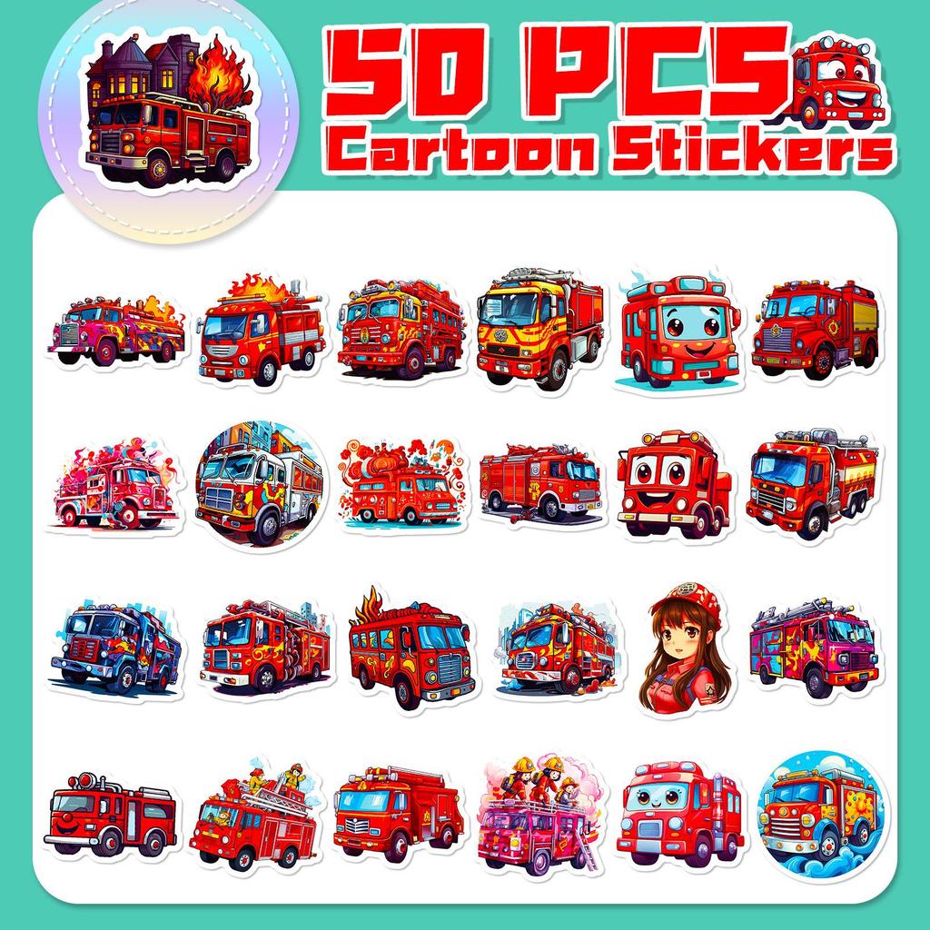 50 Children's Fire Truck Stickers: Cartoon Kindergarten & Skateboard Decals