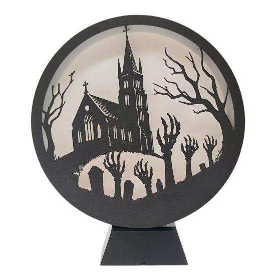 Halloween LED Lantern Wooden Desktop Light Witch Pumpkin Spider Cat Designs Silhouette Ornament Spooky Tabletop Home Party Decoration