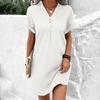 Summer Women Dress V Neck Button Short Sleeves Loose Solid Color Pullover Casual Daily Wear Mini Dress