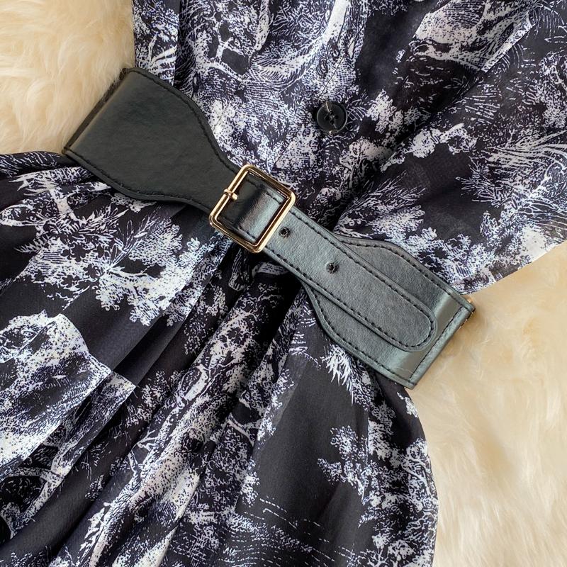 RUGOD Лето 2022, новое легкое платье с короткими рукавами и лацканами, в знакомом стиле, длиной выше колена с ретро-принтом, элегантное длинное платье с большой талией