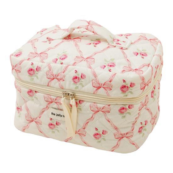 Сумка большой емкости на молнии с принтом розы и бантом, хлопковая стеганая портативная легкая губная помада, коричневый карандаш, кисточка для макияжа