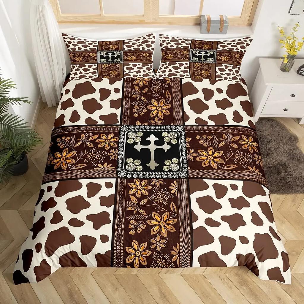 Пододеяльник с коровьим принтом Queen Vintage Floral Комплект постельного белья для девочек, мальчиков, мужчин, в стиле вестерн, фермерское животное, бычья шкура, одеяло