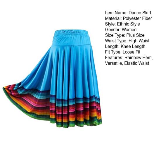 Midi Skirt Ladies Folk Dance Skirt Elastic High Waist Spanish Swing Skirt Rainbow Large Swing Hem Mexican Flamenco Performance Skirt