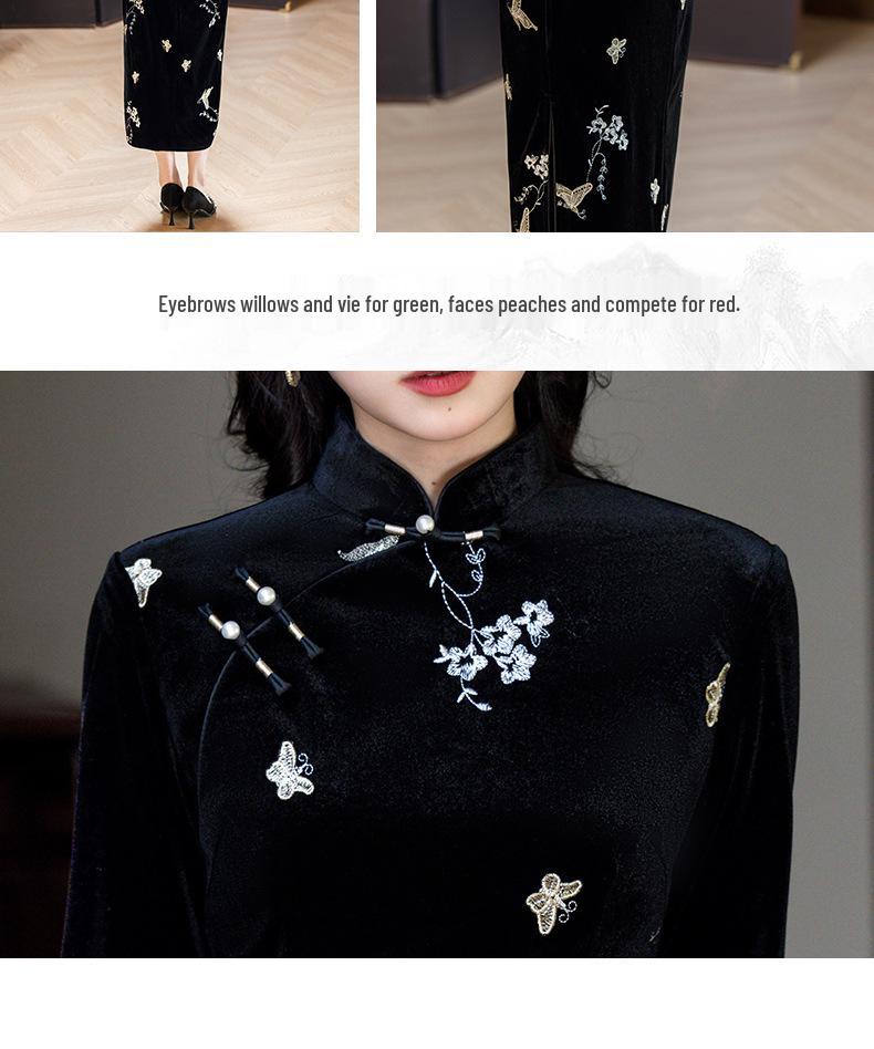 Роскошное черное бархатное ципао с длинным рукавом: Платье высокого класса в уникальном китайском стиле