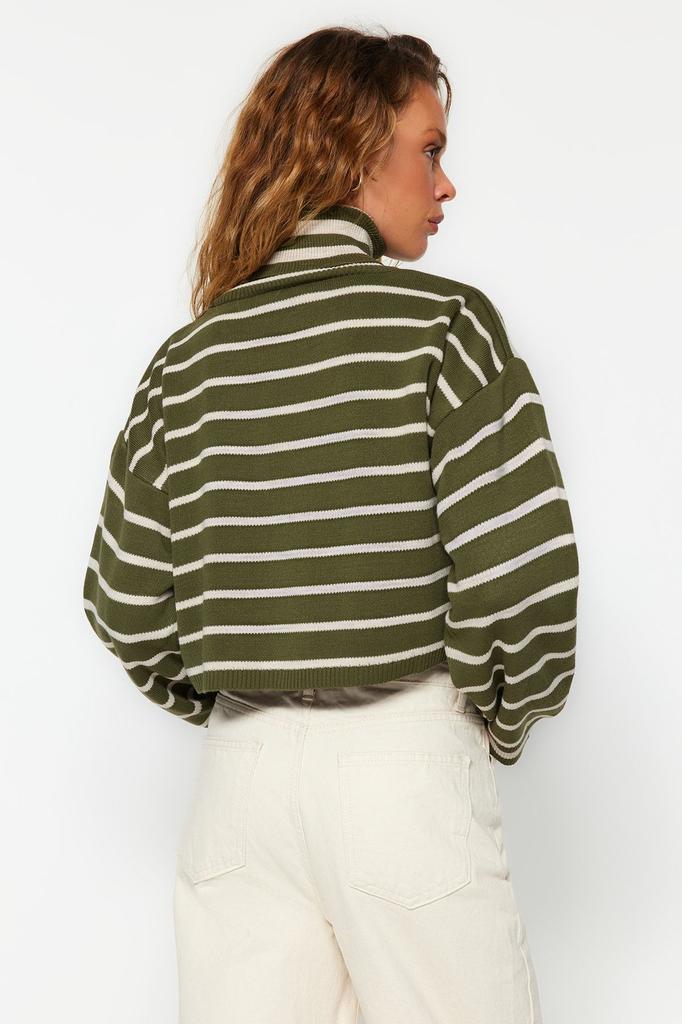 Женский свитер в элегантном стиле цвета хаки, укороченный трикотаж в полоску, свитер