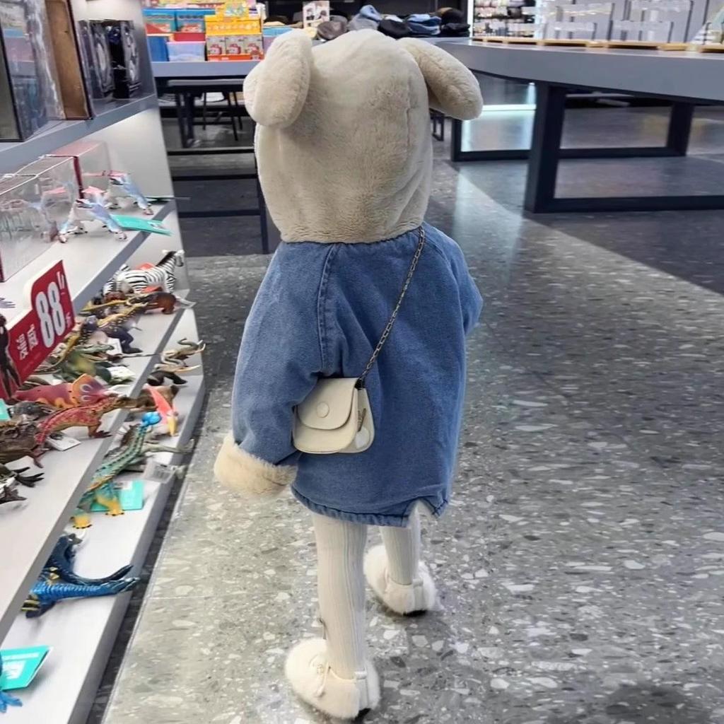 Плюшевая джинсовая куртка для девочек с кроличьими ушками - модное пальто в корейском стиле на осень/зиму