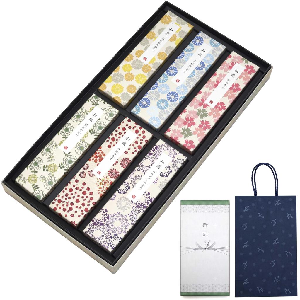 Sympathy Incense Gift [Wayu 6 Types Sandalwood with Outer Wrapping and Carry Bag] Made In Japan, Low Smoke, Gift-Giving Incense for Buddhist Altars,