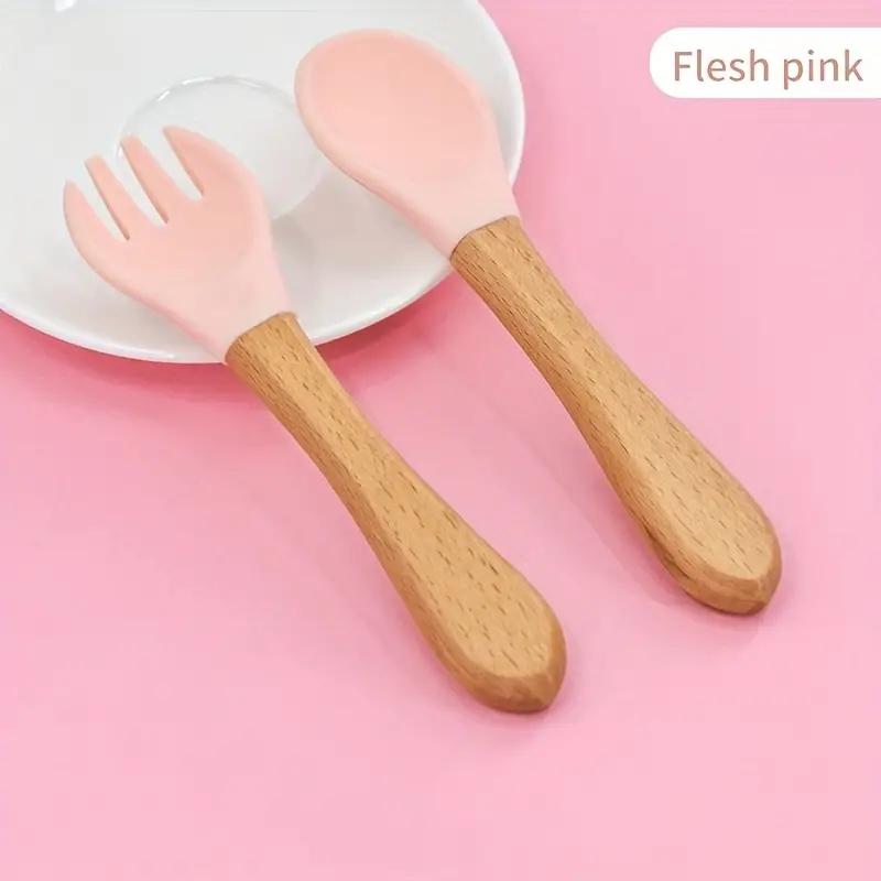 Силиконовая вилка и ложка с деревянной ручкой, набор вилок и ложек для кормления, отличный подарок на Рождество, Хэллоуин, День благодарения, Новый год