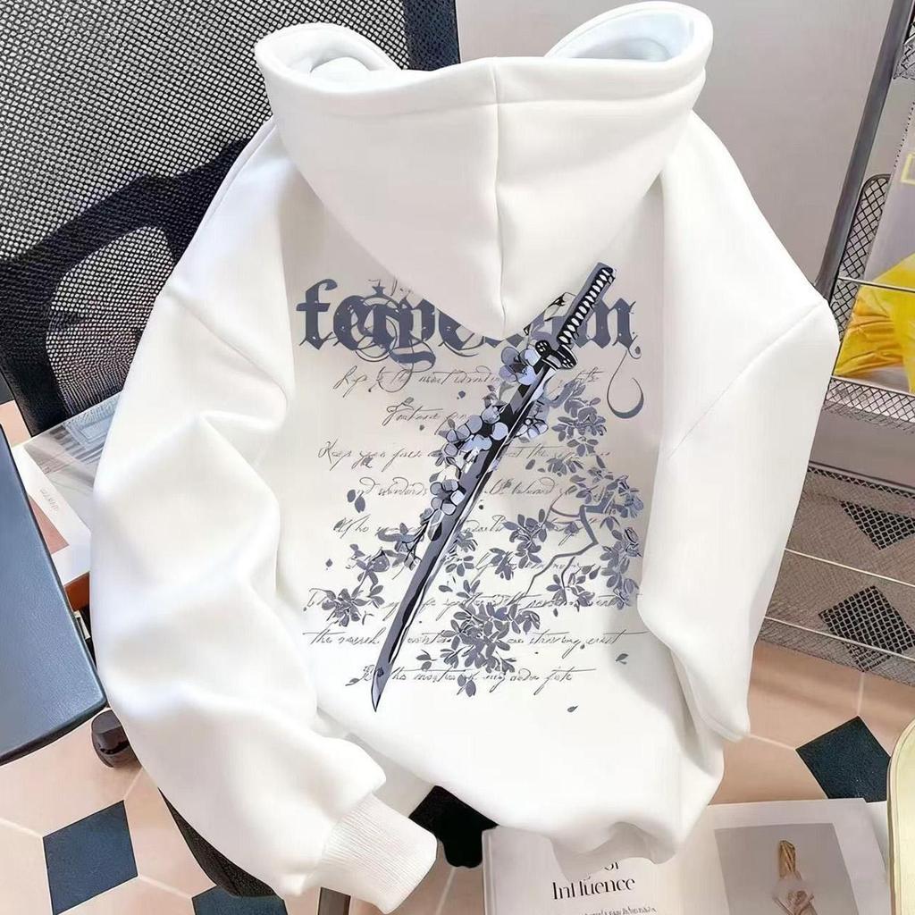 Мужская винтажная толстовка с принтом вишневого цвета и мечом, с начесом, свободного кроя, модная осенне-зимняя куртка