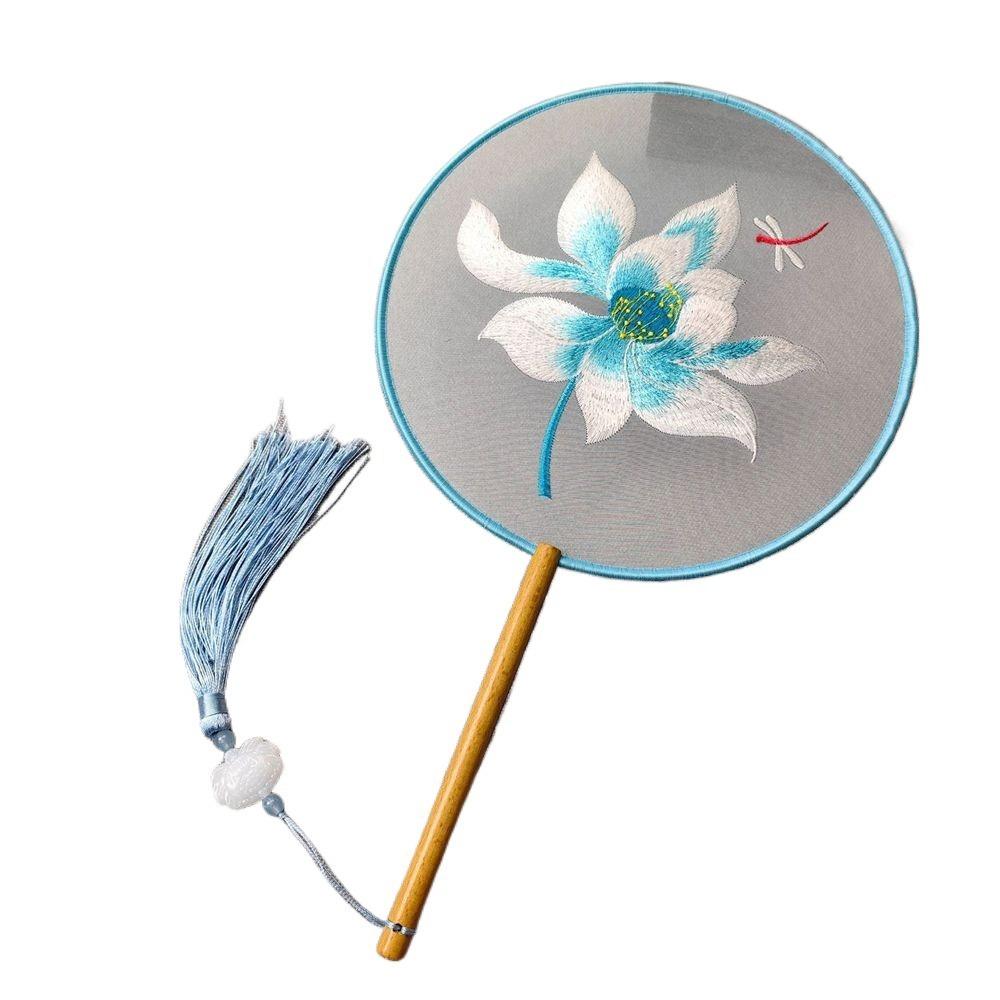 Round Double Sided Embroidery Fan Chinese Style Flower Silk Fan Vintage Hanfu Hand Fan for Guests