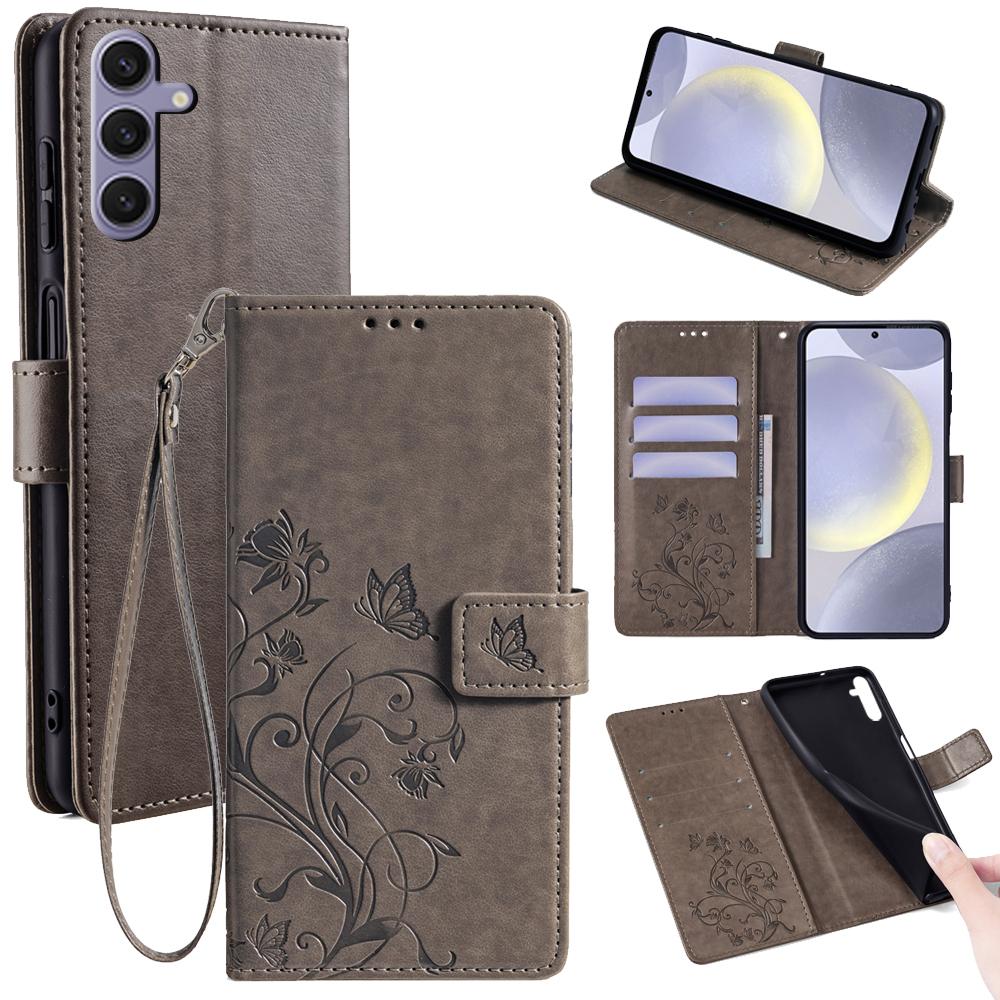 Чехол-кошелек из кожи с тиснением-бабочкой для Samsung Galaxy S24+ с ремешком на запястье