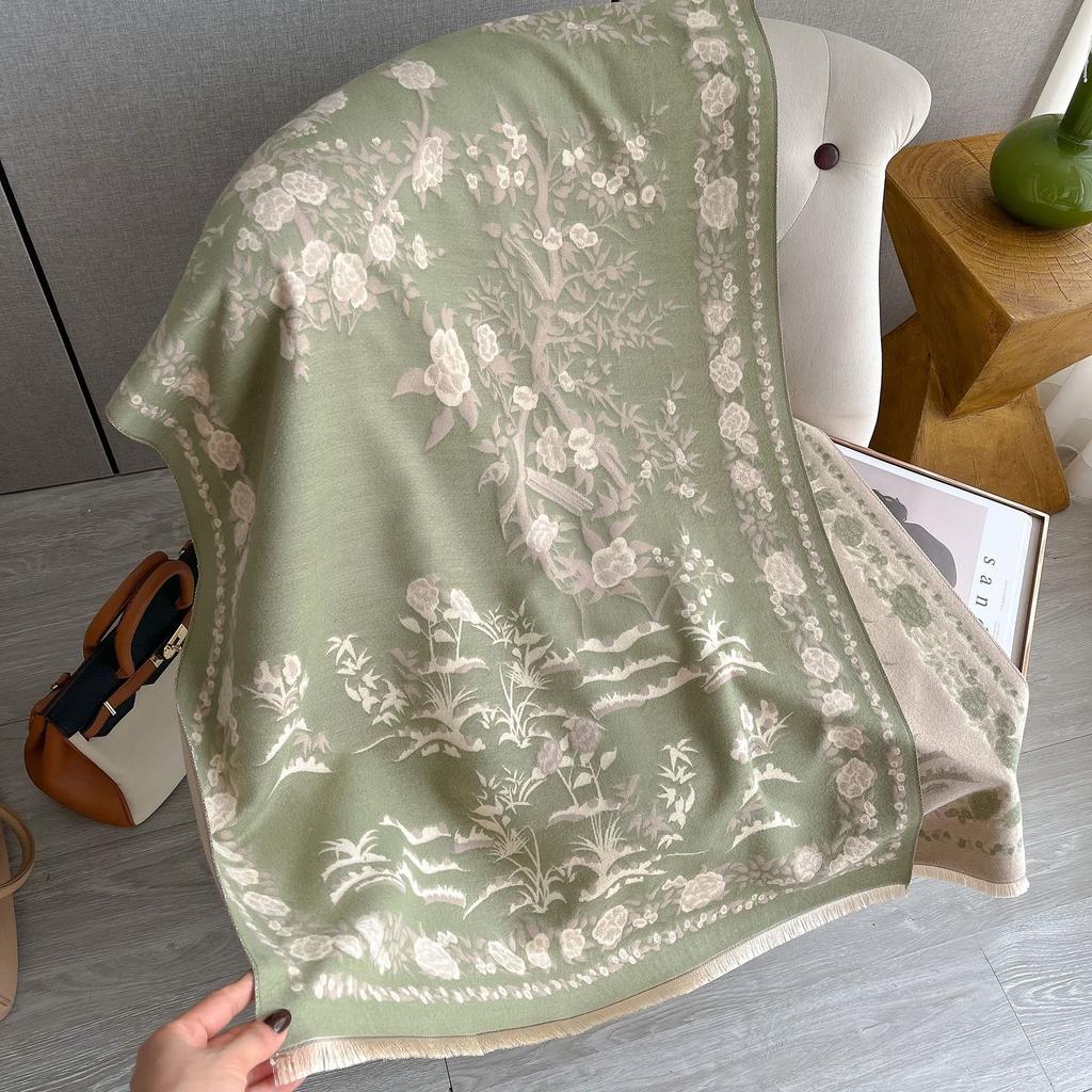 Classic Floral Print Polyester Scarf for Women - Thick Warm Shawl with Short Fringe - Weekend Casual Decorative Wrap - Windproof, Woven Craftsmanship