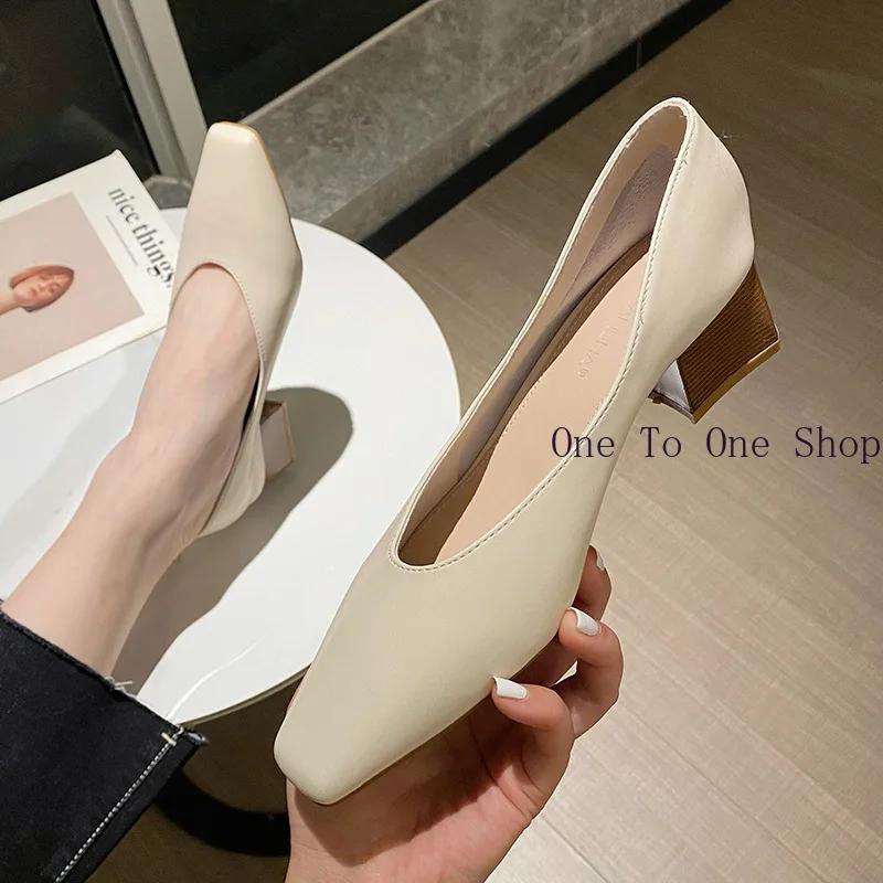 Элегантные женские туфли на среднем каблуке 2024 года, новые одинарные туфли на толстом каблуке, женские осенние туфли из мягкой кожи, не утомляющие, квадратный носок
