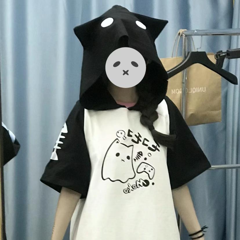 Kawaii T-Shirts Y2K Cute Cat Ear Cartoon Print Hooded Tees Women's Short Sleeve Shirt Summer Tops Women Girl Clothing