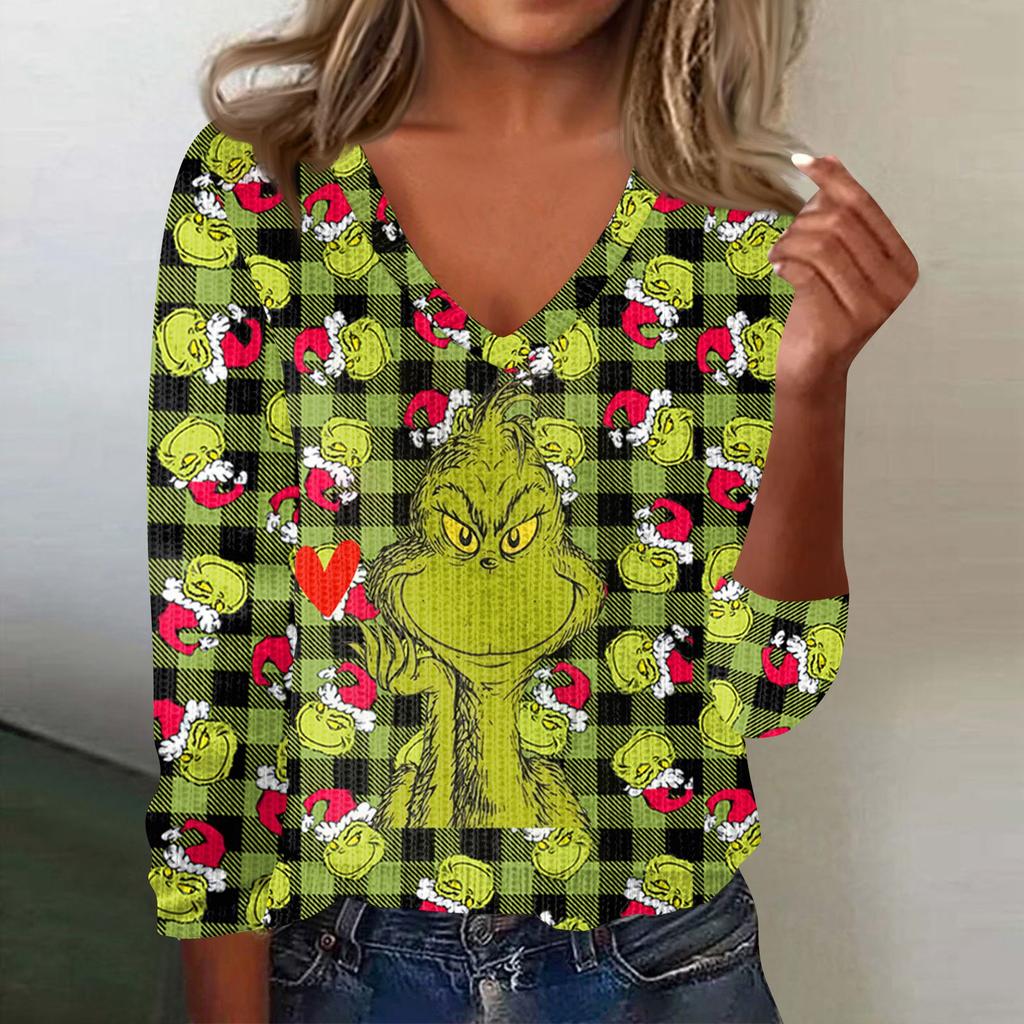 Women's Cute Sweatshirt Knitted Fashion Casual V-neck Long-sleeved Cozy Print Top